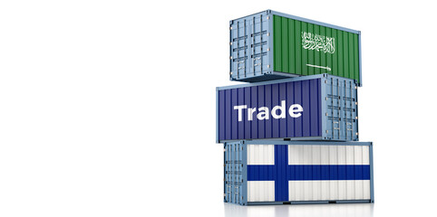Freight containers with Saudi Arabia and Finland national flags. 3D Rendering 