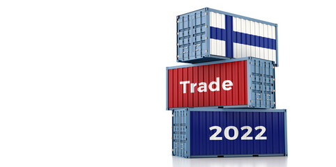 Trading 2022. Freight container with Finland national flag. 3D Rendering 