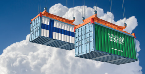Freight containers with Saudi Arabia and Finland national flags. 3D Rendering 