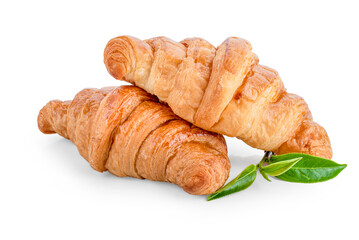 Fresh tasty croissants on white background.