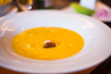 Locro de Papa, a traditional Ecuadorian Potato Soup at Plaza Grande Hotel, Independence Square, Historic Centre of Quito, Ecuador, South America