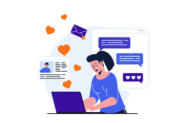 Social network modern flat concept for web banner design. Woman makes romantic correspondence with man and sending hearts in online dating application. Vector illustration with isolated people scene