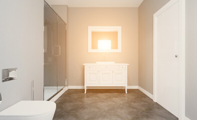 Fototapeta na wymiar Spacious bathroom in gray tones with heated floors, freestanding tub. 3D rendering., Sunset.