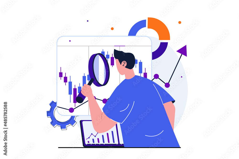 Aufkleber stock market modern flat concept for web banner design. man with magnifier analyzes statistic, creat