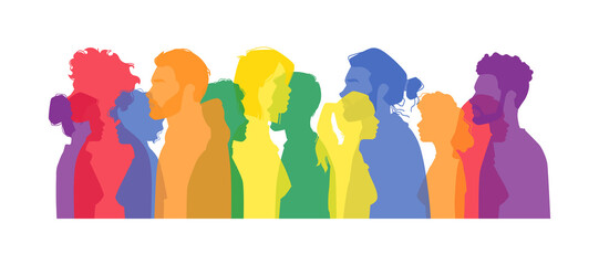 Rainbow colored people walking symbol of LGBT society isolated silhouette set. Vector male and female personages leading lesbian or homosexual lifestyle, transgender community flat cartoon characters - obrazy, fototapety, plakaty