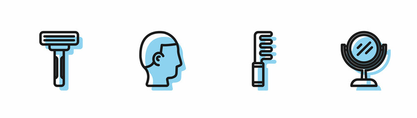 Set line Hairbrush, Shaving razor, Hairstyle for men and Hand mirror icon. Vector