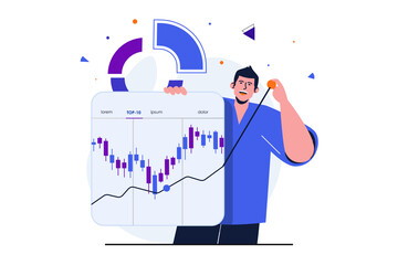 Fototapeta premium Stock market modern flat concept for web banner design. Male broker analyzes financial statistics of market, buys or sells, increases income, trading. Vector illustration with isolated people scene