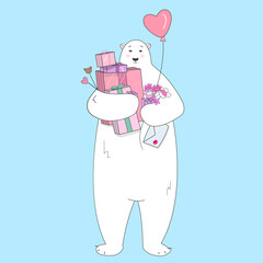 Cute polar bear with gifts for valentine`s day. 
Greeting seasonal for scrapbooking, card, poster and invitations.Vector illustration.