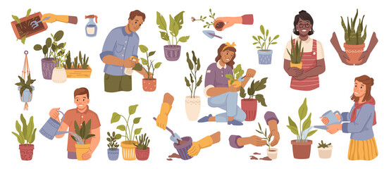 Men and women watering houseplants, caring and spraying leaves icons set. Vector flat cartoon characters hobby, plants in pots with lush foliage, leafage. Gardening and environmental botany planting