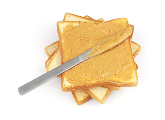 Peanut butter spread with white bread slices and table knife isolated on white background
