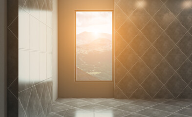 Spacious bathroom, clean, beautiful, luxurious, bright room. 3D rendering.. Sunset.