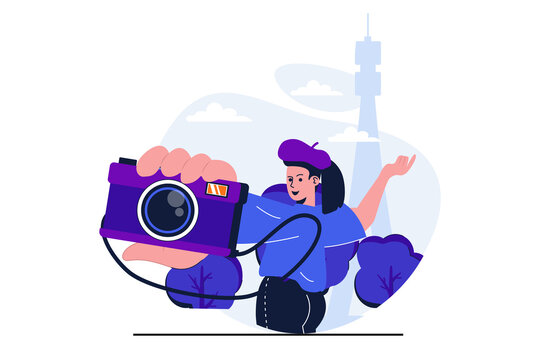 Traveling modern flat concept for web banner design. Woman traveler making selfie on camera posing at Eiffel tower in Paris, sightseeing in travel. Vector illustration with isolated people scene
