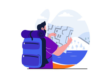 Traveling modern flat concept for web banner design. Male tourist with backpack looking at map with trekking route, hiking and camping rest outdoors. Vector illustration with isolated people scene - obrazy, fototapety, plakaty