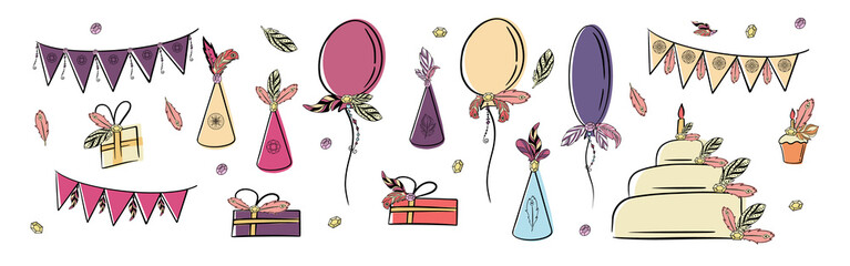 Boho chic icon collection with feathers, diamonds, birthday cakes, arrows and flags. Vector illustration in boho style