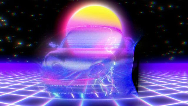 Retro futuristic seamless animation of a car in a grid laser landscape and synthwave sun in the background with whs interference