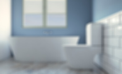 Bokeh blurred phototography. Clean and fresh bathroom with natural light. 3D rendering.