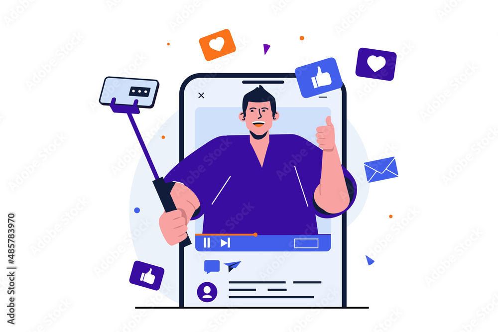 Poster video blogging modern flat concept for web banner design. man with selfie stick records vlog on smar