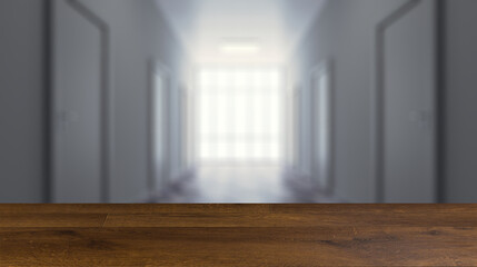 The Corridor in office building. 3D rendering. Background with empty table. Flooring.