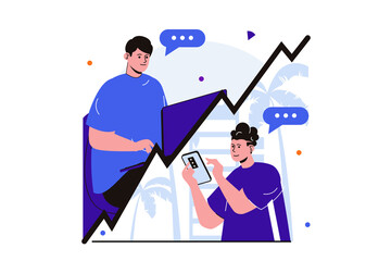 Video chatting modern flat concept for web banner design. Friends living in different countries communicate on Internet using messages and video calls. Vector illustration with isolated people scene