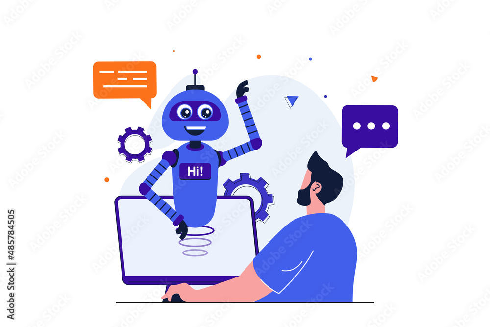 Poster Virtual assistant modern flat concept for web banner design. Man contacts tech support and is answered by chat bot robot with artificial intelligence. Vector illustration with isolated people scene