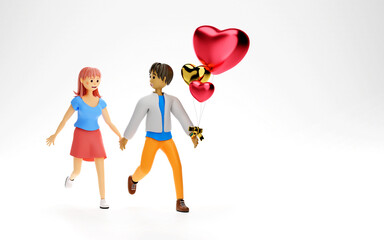 Cute young couple in love with heart shape balloons. Copy space. Happy Valentine’s Day 3d rendering.