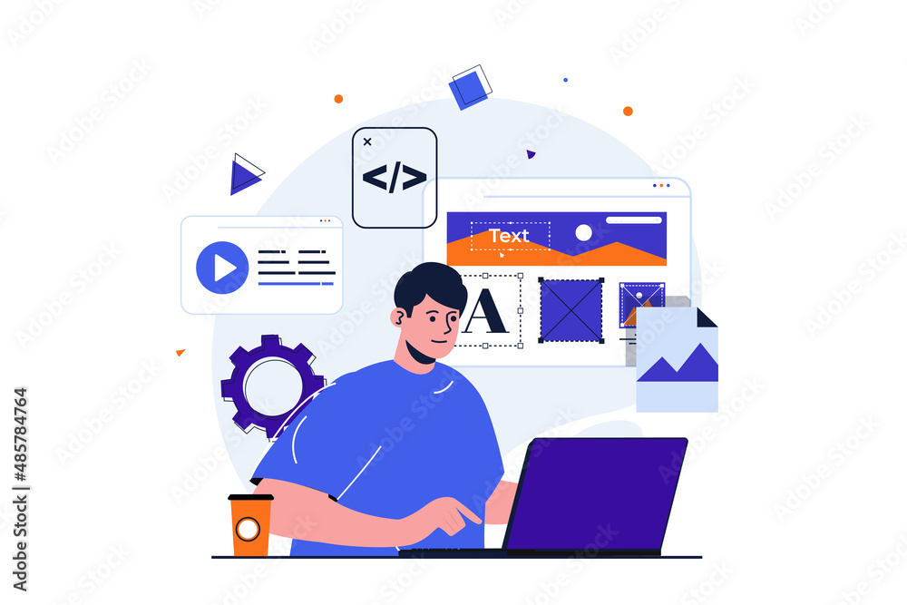 Poster Web designer modern flat concept for web banner design. Man working with website layout, places images and other graphic elements, optimized page code. Vector illustration with isolated people scene