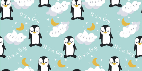 Seamless pattern. Children's background with a penguin in hand draw style. Vector Stock illustration. Green background. Animal. Cartoon. Wallpaper for nursery and fabric.
