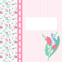 Stylish square card with a delicate floral ornament, a ribbon and a bunch of cute flowers in the foreground.