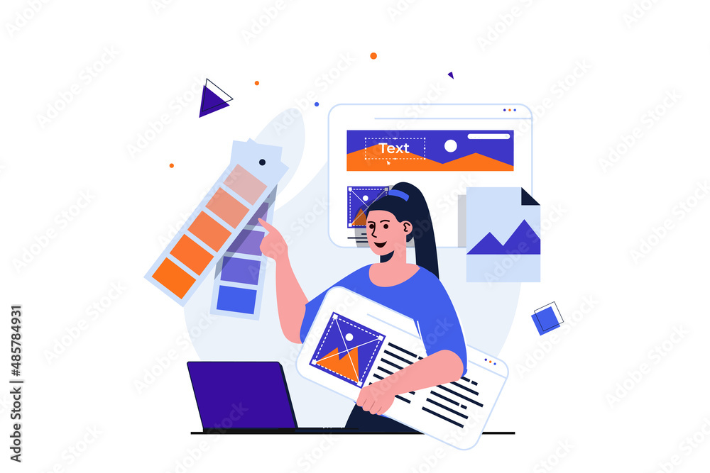 Poster web designer modern flat concept for web banner design. woman draws graphic element, selects colors 