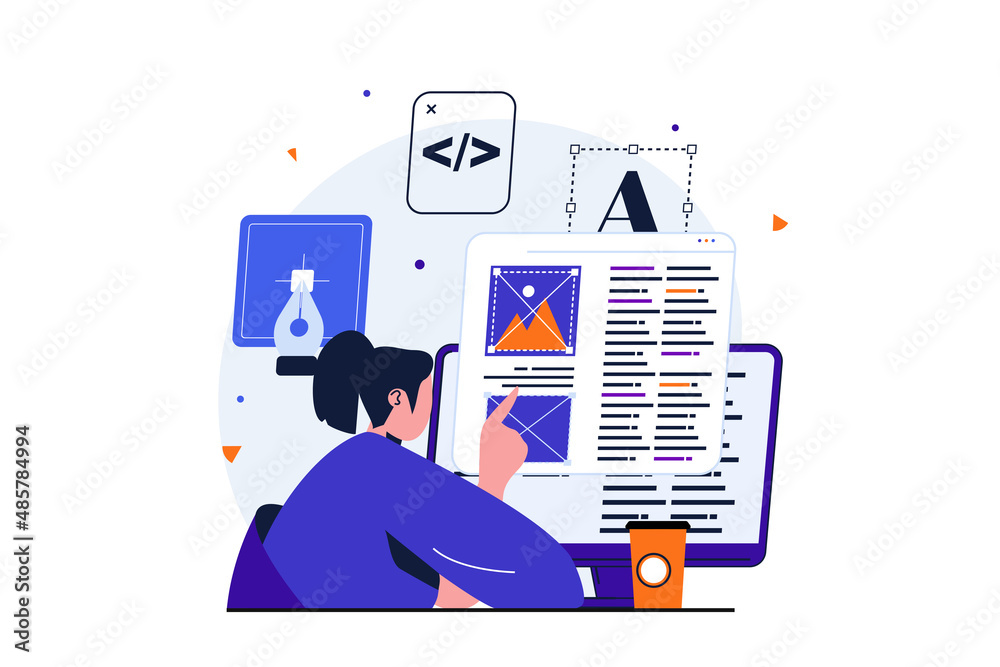 Poster web designer modern flat concept for web banner design. woman creates and optimizes code and scripts