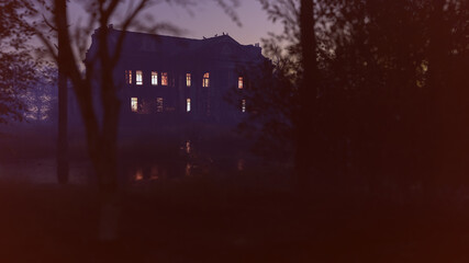 Creepy illuminated abandoned historic country house at dawn. 3D render. - obrazy, fototapety, plakaty