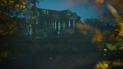 Spooky abandoned historic country house in autumn scenery at dusk. 3D render.