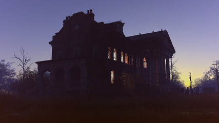 Creepy illuminated abandoned historic country house at sunset. 3D render.