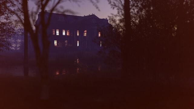 Creepy illuminated abandoned historic country house at dawn. 3D render.