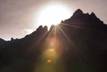 Sunrise behind Andes Mountains on day 2 of Inca Trail trek, Cusco Region, Peru, South America