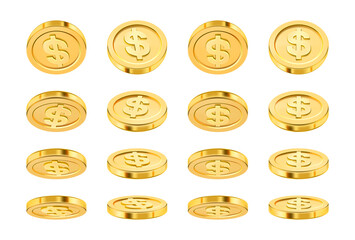 Dollar coin different position for animation, realistic golden money. Vector interface of financial assets, side and back, front look and perspective. Treasure and earnings, savings and assets - obrazy, fototapety, plakaty