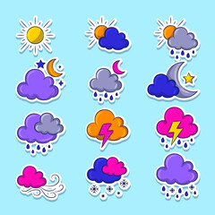 Weather sticker collections with simple Colored hand drawn illustration 