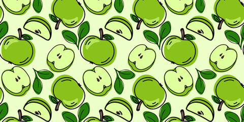 Green apple whole and slices, beautiful vector seamless pattern. Fruit, suitable for wallpapers, web page food backgrounds, surface textures, textiles. Doodle or hand drawn cartoon style.