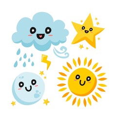 cute illustration of sun, moon, star, cloud and moon. vector set with cartoon style.
