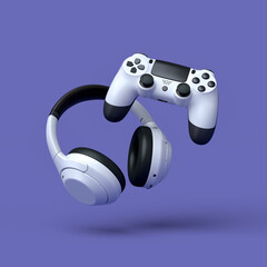 Flying gamer gears like headset, headphones and joystick on purple background © Vasyl Onyskiv
