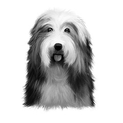 Bearded Collie or Beardie herding breed dog digital art illustration isolated on white background. Scottish origin working dog, sheepdog. Cute pet handdrawn portrait. Graphic clip art design