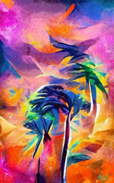 Abstract painting impressionism mixed style wall art print. Oil and watercolor digital drawing poster for decoration, big size high resolution design artwork illustration, bright, vibrant, stock art