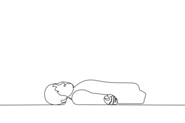 body of man lying on floor - one line drawing vector. man lies on his back with his arms outstretched. concept of impotence, dead man, depression, fainting