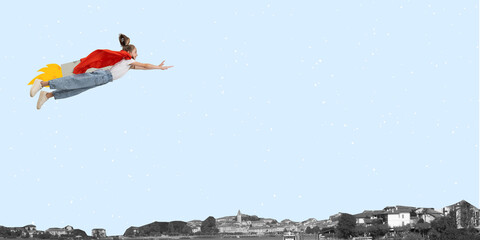 Contemporary art collage with child, girl in charater of superhero flying over the city