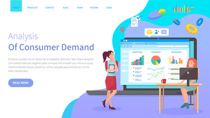 Analysis of consumer demand website concept. Workers discuss statistical indicators, analyze sales charts and graphs, make plan to attract customers. Webpage template, landing page in flat style - obrazy, fototapety, plakaty