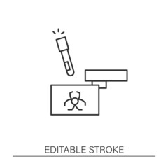  Test line icon. Biohazard bag with blood sample. Coronavirus testing process. Testing virus concept. Isolated vector illustration. Editable stroke