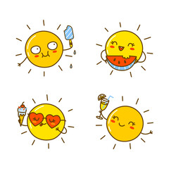 Set of cartoon Sun characters isolated on white for funny summer design