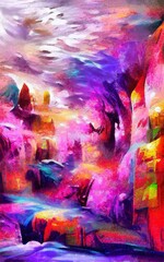Abstract painting impressionism mixed style wall art print. Oil and watercolor digital drawing poster for decoration, big size high resolution design artwork illustration, bright, vibrant, stock art
