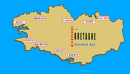 Carte de bienvenue en Bretagne et quelques noms de destinations touristiques.	