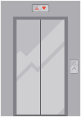 Realistic metal modern elevator with closed door. Lifting mechanism of new lift with up and down buttons. Lift for transporting people between floors of building. Elevator with stage number panel